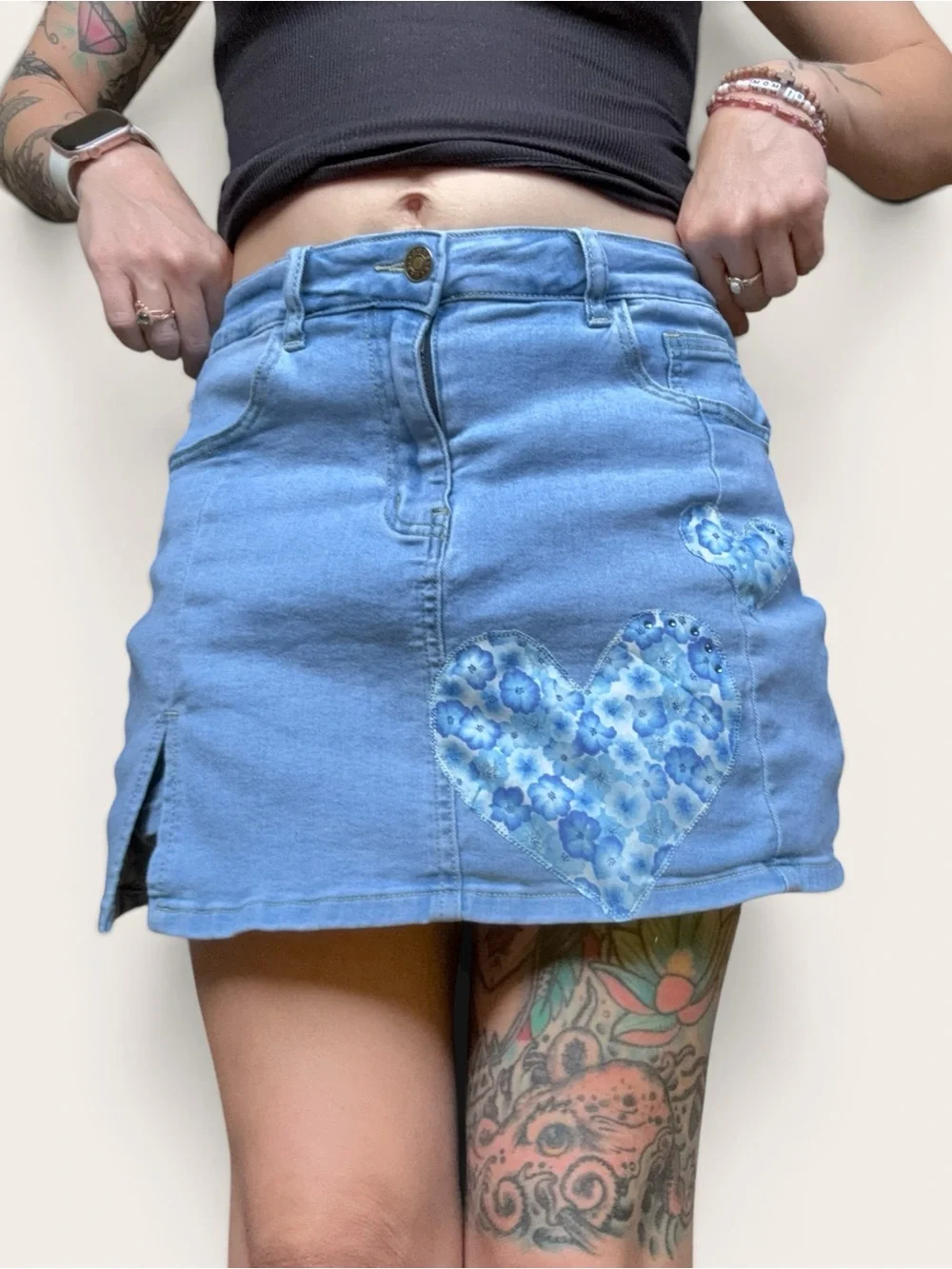 Blue Floral Heart Denim Mini Skirt - Casual‎ Women's Skirt